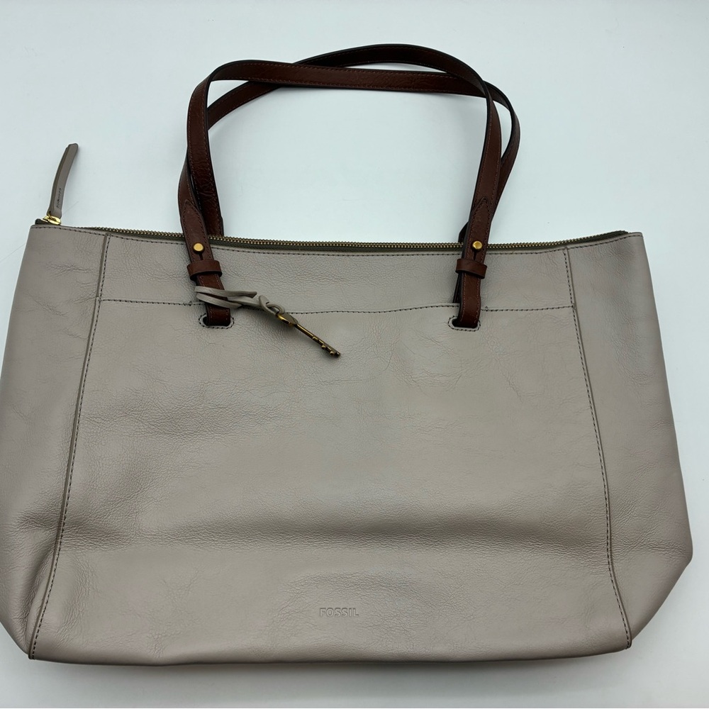 Fossil Taupe Tote with Brown Leather Handles